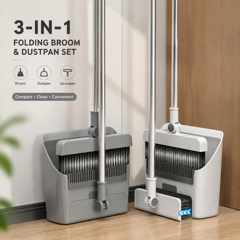 Squeegee Holder Screen - 3-in-1折りたたみ式ほうきとちりとりセット、自立式床用スクラブブラシ、櫛歯付きスクイージー、家庭、キッチン、オフィスの清掃用