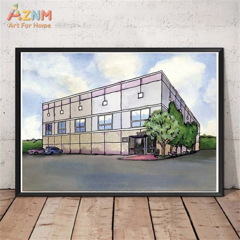 AZNM 水彩画現代商業ビル風景キャンバスウォールアート、ミ - Commercial Wall Printing のレビューと価格
