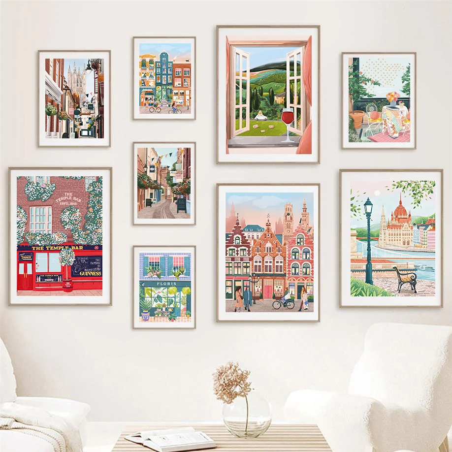 （フレームなし）海岸都市の美しい景色、商店街、水彩画、ファッ - Commercial Wall Printing のレビューと価格